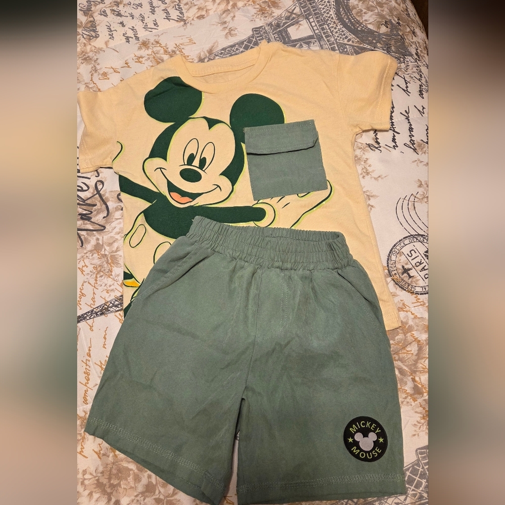 Mickey Mouse Yellow Graphic Tee & Olive Green Shorts Set